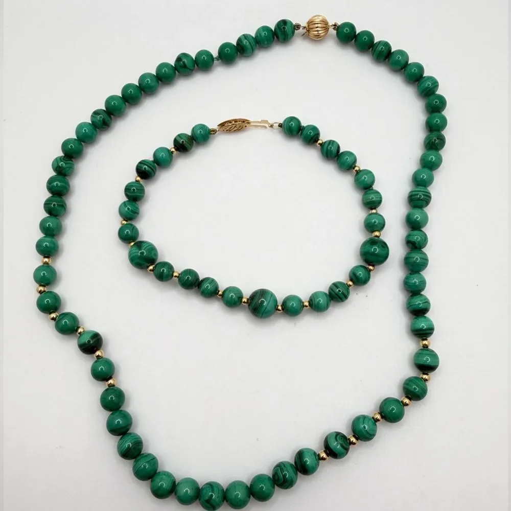 Vintage Malachite and 14kt gold beaded necklace/bracelet set‎ w/ 14kt YG clasps!